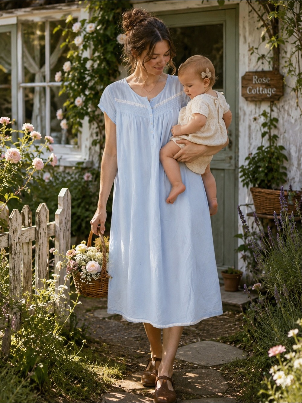 Light Blue Cottage-core Cotton Nightgown Dress